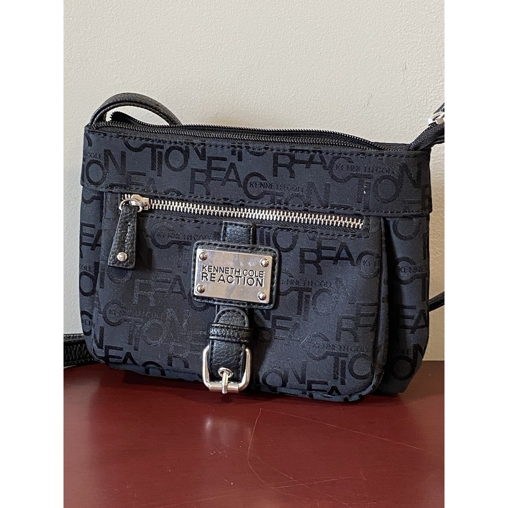Kenneth Cole Reaction Black Signature Crossbody Logo Purse 9x6" Canvas Handbag